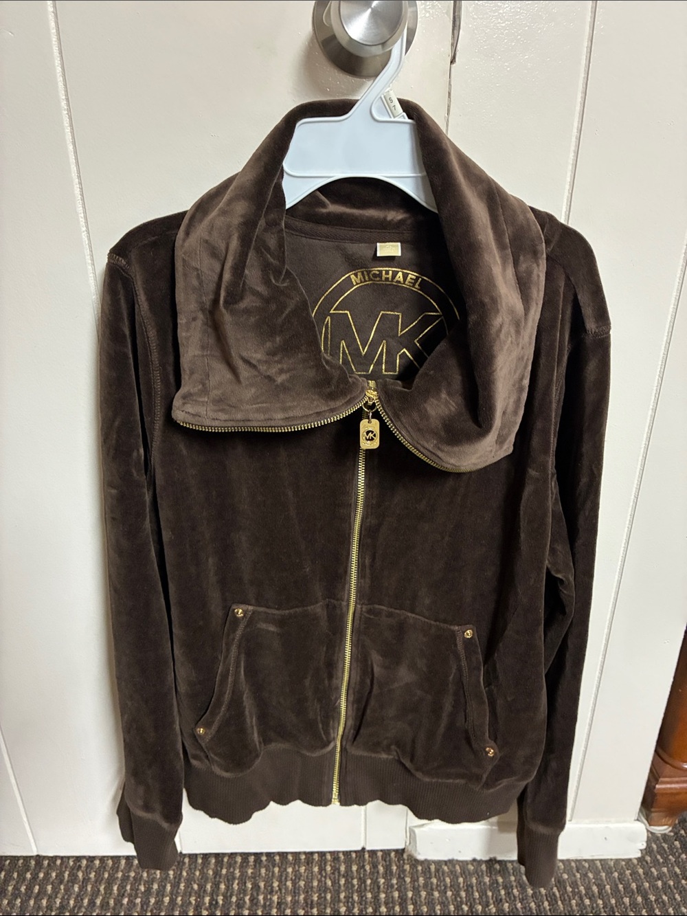 Michael Kors Brown Velour Zip-Up Bomber Jacket with Gold Hardware
